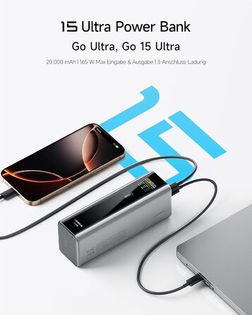 Power Bank CUKTECH 15 Ultra 20000mAh 165W з PD 3.1 та цифровим дисплеєм. Сумісний з iPhone, MacBook Pro, Samsung та іншими пристроями.
