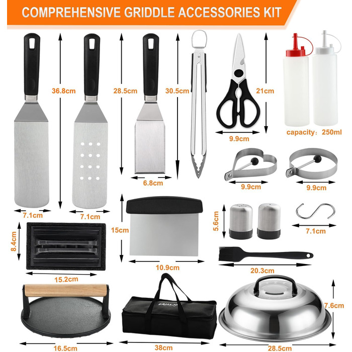 Набір аксесуарів для гриля Grilljoy Plancha: 28 предметів для Blackstone, Teppanyaki, та вогняних плит. Включає прес для смаш-бургерів, шпатель та інші необхідні інструменти.
