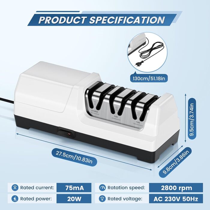 Електричний точило для ножів професійний 3-х ступінчастий з захистом від перегріву, тихий мотор, швидке заточування кухонних ножів (білий)