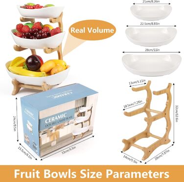 Багатоярусна фруктова миска з кераміки для кухні, 3 яруси, з дерев'яними підставками, для овочів, фруктів, снеків, декор