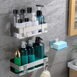 Поличка для душу YIGII без свердління, 3 шт. з нержавіючої сталі, органайзер для ванної кімнати, велика місткість, самоклеюча, з мильницею та 4 гачками, тримач для шампуню, сріблястий – 2 шт.