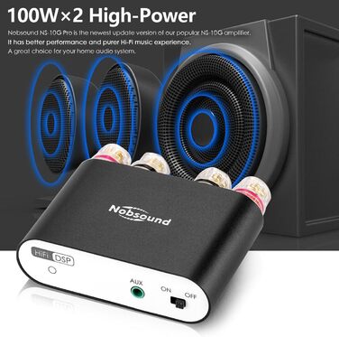 Nobsound NS-10G PRO стерео підсилювач Hi-Fi DSP 2x100Вт, Bluetooth 5.0, 2-канальний міні аудіо підсилювач для домашніх колонок, цифровий, чорний, з блоком живлення