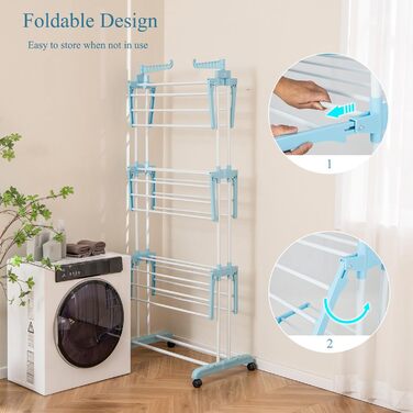 Стійка для сушіння білизни HOMASIS з 4 рівнями, розкладна, з колесами та бічними крилами, 127x63x171см, блакитна, вантажопідйомність 30 кг