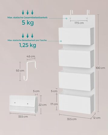 Органайзер для шафи SONGMICS з 4 кишенями, підвісна полиця, органайзер для шафи, підвісне зберігання, органайзер для дверей, спальня, вітальня, 2 x 33,5 x 00 см, RDH04G (1, Хмарний білий)