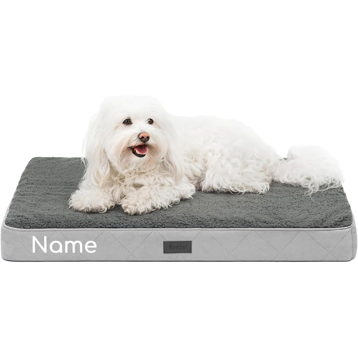 Ортопедичне ліжко для собак Lionto, 60x40x8 см, міцне, з м'яким плюшем, знімний та пральний чохол, водовідштовхувальне, для собак та котів, сірий (76x51x8 см з нанесенням імені)
