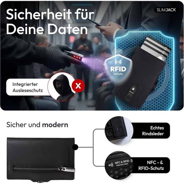 Slimjack Смарт-гаманець з відділенням для монет та RFID-захистом - Чоловічий алюмінієвий картхолдер для карт та монет (Чорний)
