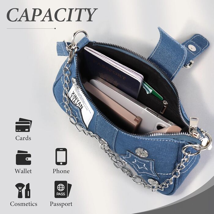 Сумка жіноча AfitLulu Klein через плече з ланцюжком, джинсова міні-сумка Y2K Hobo Bag блакитна з блискавкою