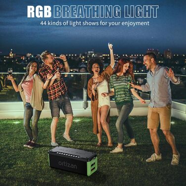 Ortizan Bluetooth колонка портативна 80 Вт, IPX7 водонепроникна, LED підсвітка, 12 год. роботи, Powerbank, стерео-з'єднання, зелено-чорна