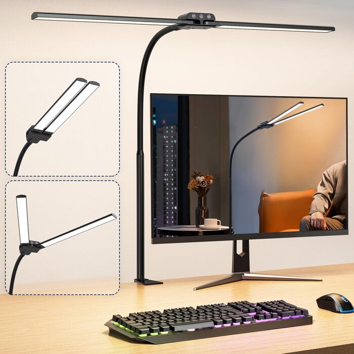 LED лампа для столу KableRika Doppelkopf з регулюванням яскравості, для офісу та дому, захист очей, 4 кольори, гнусий «лебединий шийка», чорний