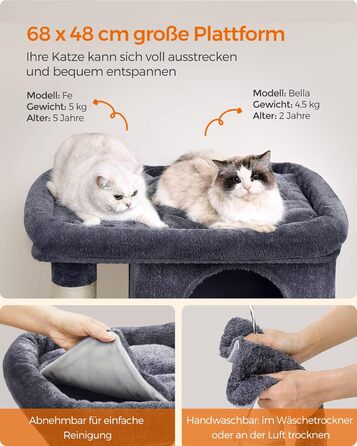 Feandrea Cat Tree, 84 cm Cat Tree, L, Cat House for Large Cats up to 7 kg, Large Platform, 2 Cat Caves, Sisal Posts, PCT61W (XL (68 x 48 x 101 cm), Smoke Gray)