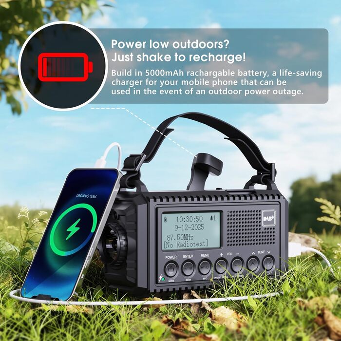Радіо DAB/DAB+/UKW з вбудованим акумулятором 5000mAh, сонячне, аварійне, з USB-зарядкою, для кемпінгу, з LED-ліхтариком, SOS-сигналом, ручне, портативне, чорне