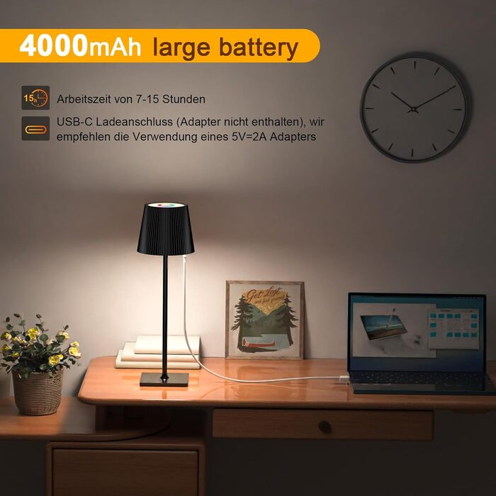 LED-лампа настільна бездротова Skele з регулюванням висоти, диммуванням, 3 колірних температур, IP54, 4000mAh, USB-C, чорна, для дому та вулиці