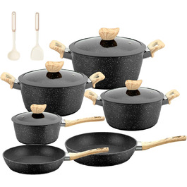 Набір каструль та сковорідок для індукційної плити: 12-ти частинний набір з гранітним антипригарним покриттям, без PFOA та PFOS, ідеальний для початківців та професійних кухарів (чорний)