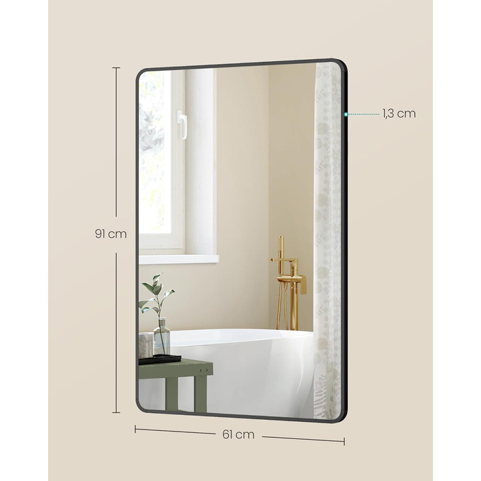 Дзеркало для ванної кімнати SONGMICS, прямокутне, з алюмінієвою рамою, 91 x 61 см, з захисною плівкою, 2 способи кріплення, для ванної, спальні та вітальні, чорний колір