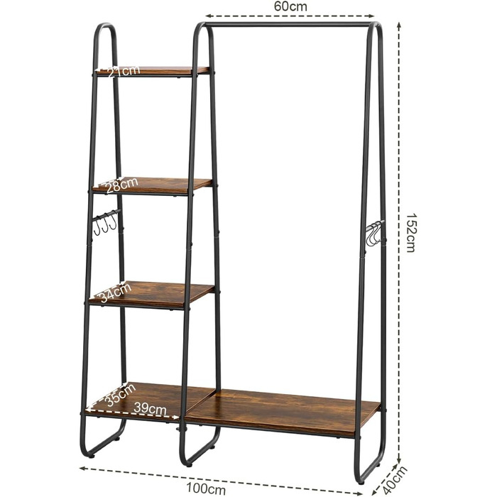 Clothes Rack, Stable Wardrobe, Clothes Rail with 5 Shelves, 6 Hooks, Black Metal Coat Rack, Freestanding Coat Stand