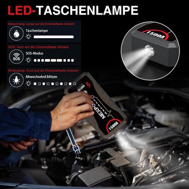 Powerbank для авто NEXPOW Starthilfe 1500A: стрибковий стартер з LED ліхтариком та USB, 12V для бензинових (7.0L) та дизельних (5.5L) двигунів