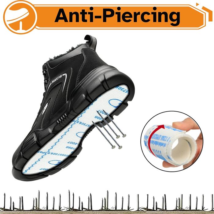 Черевики безпеки для чоловіків та жінок, водонепроникні зимові утеплені черевики з металевим носком, чорні, розмір 43 EU