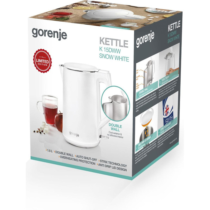 Електричний чайник Gorenje K15DWW, 2200 Вт, 1,5 л, білий