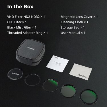 SMALLRIG Набір фільтрів для об'єктива 67мм (VND+CPL+Black Mist) + адаптер + кришка + сумка + серветка для телефону/камери