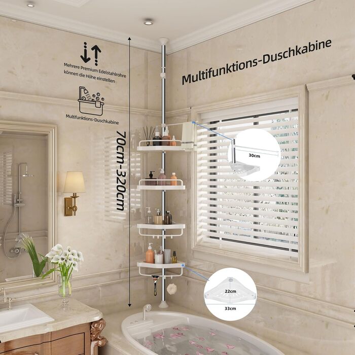 GOOPOOL Adjustable Height Shower Caddy, No Drilling Required, Rustproof Corner Shelf, Bathroom Organizer, Bathroom Storage Shelf with 4 Baskets and 1 Towel Holder for Bathtub and Bathroom, 70-320M White