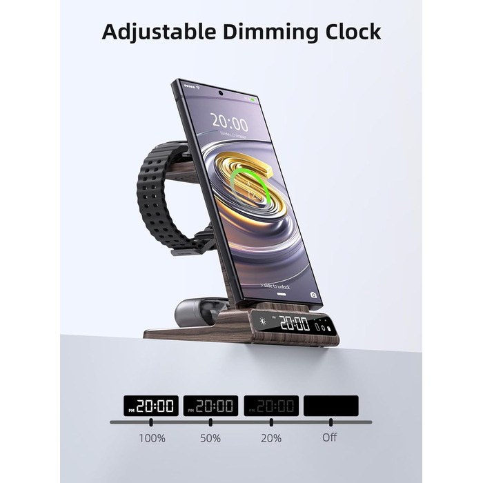 Бездротовий зарядний пристрій для Samsung Galaxy: зарядка для S25 Ultra, Watch Ultra/8/7/6, S24 Z Fold 6/Z Flip 6, Buds (з текстурою дерева)