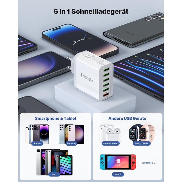 Зарядний пристрій USB 6-портовий, 33W, адаптер з QC 3.0, зарядний пристрій з декількома USB, мережевий адаптер для iPhone 16 15 14 13 12 11 Pro Max, iPad, смартфонів, білий