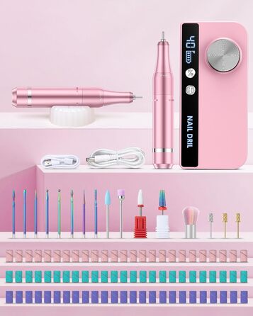 Електричний апарат для манікюру та педикюру з LCD-дисплеєм, 40000 об/хв, 15 насадок, рожевий. Для професійного та домашнього використання