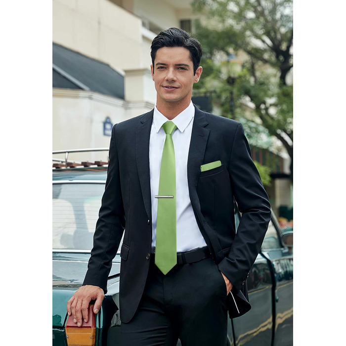 HISDERN Комплект краваток для чоловіків: краватка, нагрудна хустинка та краватки-кліпса. Класичний однотонний дизайн, світло-зелений, для святкових заходів та весіль.