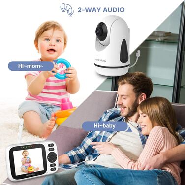 Дитячий відеоняня HelloBaby з камерою, поворотна, нахилена, з функцією зуму, 3.2'' IPS екран, 2-сторонній аудіо, інфрачервона нічна зйомка, ECO, без Wi-Fi, датчик температури, 8 колискових, HB6339