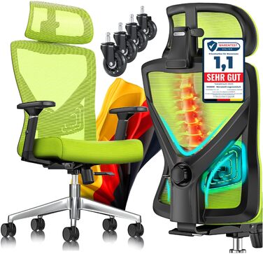 Крісло офісне KESSER® ергономічне з регульованими підлокітниками, підтримкою попереку та підголівником. Офісне крісло з функцією гойдання до 125° та 5 роликами. Зелений/Сріблястий колір