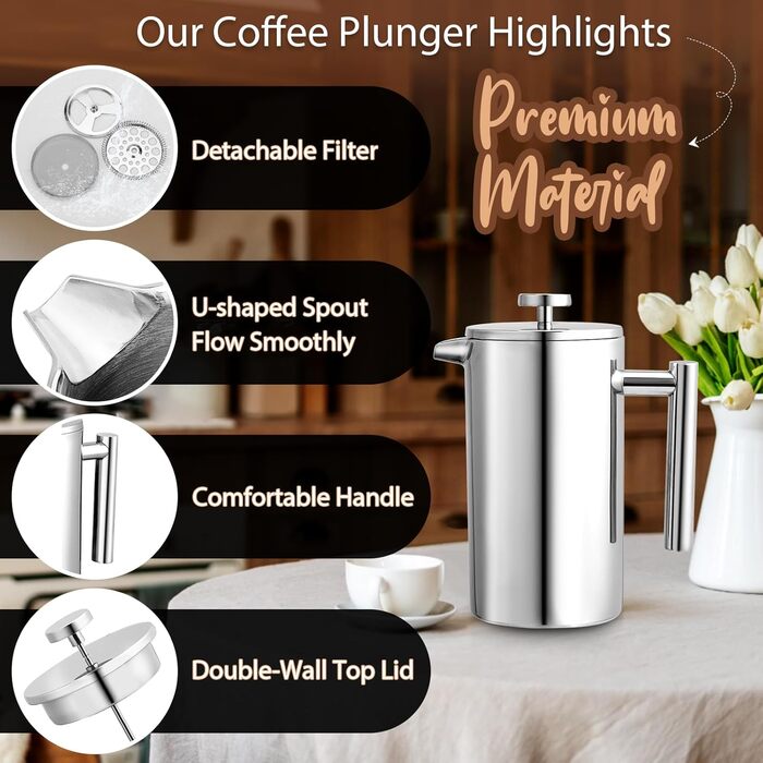 Френч-прес Cafeti, 8 чашок, нержавіюча сталь, подвійні стінки, термоізоляція, портативний, для дому, офісу, кемпінгу, 1000 мл