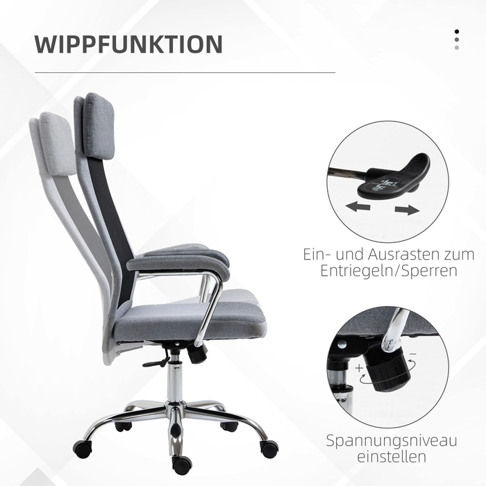 Офісне крісло Vinsetto Mesh: ергономічне крісло для робочого столу з регулюванням висоти та підголівником, скандинавський стиль, світло-сірий/чорний, 65x67x119-129 см
