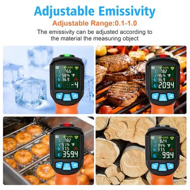 Інфрачервоний термометр MESTEK з лазерним цілевказівником та K-зондом (-50°C ~ 800°C) - безконтактний вимірювач температури з LCD дисплеєм, сигналом тривоги та регулюванням коефіцієнта випромінювання для кухні (Orange)