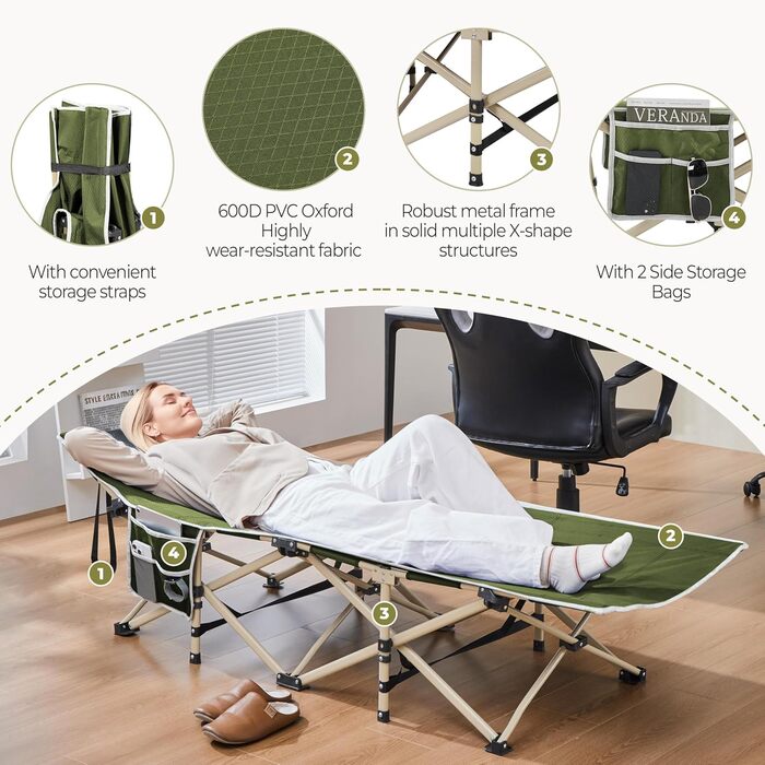 Ліжко-розкладачка Yaheetech для кемпінгу, зелене, до 150 кг, з бічною кишенею та сумкою для транспортування