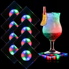 MEDOYOH Square Cool White LED Coasters for Drinks, ON/Off Switch Drink Coasters Set, Waterproof Coasters Glowing for Glasses Bottles Parties Weddings Bar Christmas (Colorful LED, 8-Piece Set)
