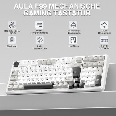 Ігрова механічна клавіатура AULA F99 бездротова, QWERTZ, BT5.0/2.4G/USB-C, Gasket Structure, Hot Swap, RGB, PBT клавіші, 8000mAh, Creamy Sound, 95% механічна (білий сірий)