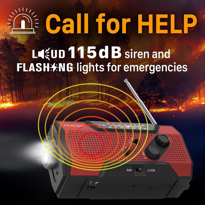 Радіоприймач FosPower NOAA/AM/FM з Power Bank 19240 мАг (5200 мАг) - Сонячна/USB зарядка, ручна динамо-машина, SOS-сигнал, ліхтарик, помаранчевий (Модель A1)
