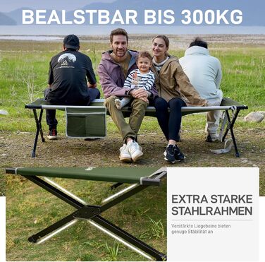 Розкладне ліжко EVER ADVANCED для кемпінгу: велике, стабільне, 214x106 см, до 300 кг, зелене