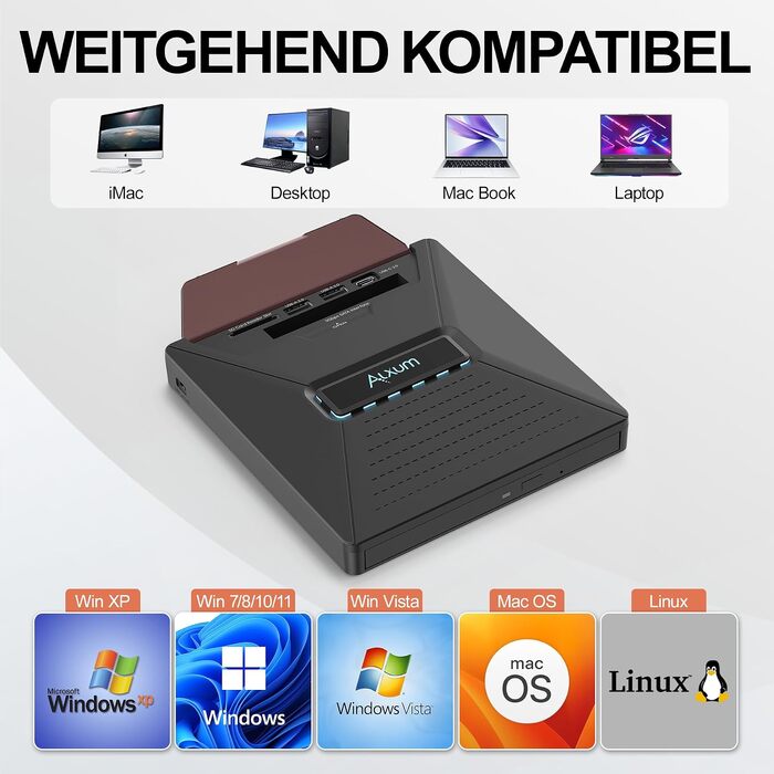 Зовнішній DVD/CD привід Alxum USB-C 3.0 для ноутбука з картридером SD/TF та додатковим USB-портом, Plug & Play для Windows, Linux, Mac OS