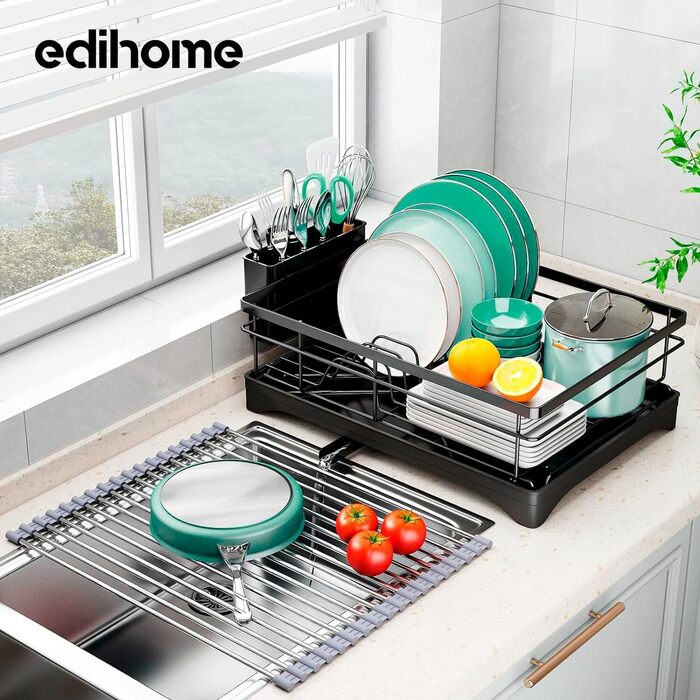 Сушарка для посуду edihome з нержавіючої сталі, однорівнева, з піддоном і тримачем для столових приборів, для кухонної стільниці