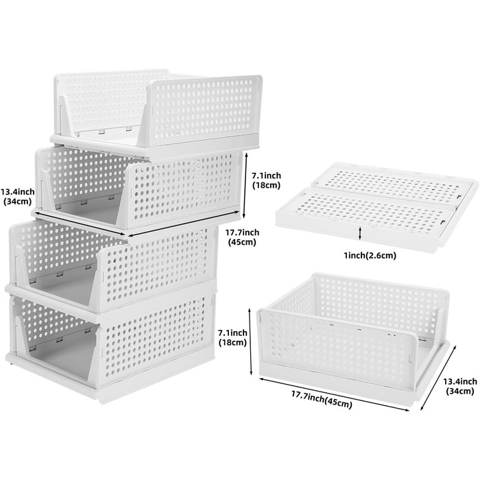 Set of 4 Stackable Folding Clothes Storage Boxes, Plastic Closet Shelves, Closet Organizer Boxes, Pull-Out Drawer-Like Design, Suitable for Home, Bedroom, Kitchen