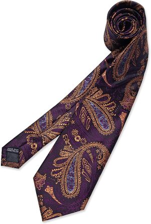 Комплект краватки, хустинки та запонок DiBanGu Paisley - шовковий жакард, фіолетово-золотий, діловий стиль