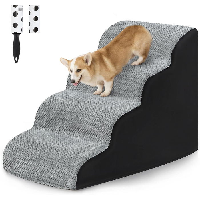 LIANTRAL Dog Stairs, 3 Steps Dog Stairs for Bed and Sofa made of High-Density Sponge, Cat Stairs Dog Ramp with Removable, Washable Cover and Pet Hair Remover Roller, 40 cm High (4 Steps Grey & Black)