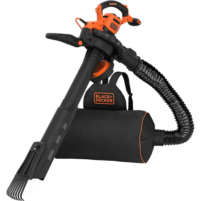 Black+Decker 3-in-1 Electric Leaf Blower/Vacuum BEBLV301 (3,000 Watts, with Shredder + attachable leaf rake, 72L collection bag backpack - high blowing speed & adjustable suction power)