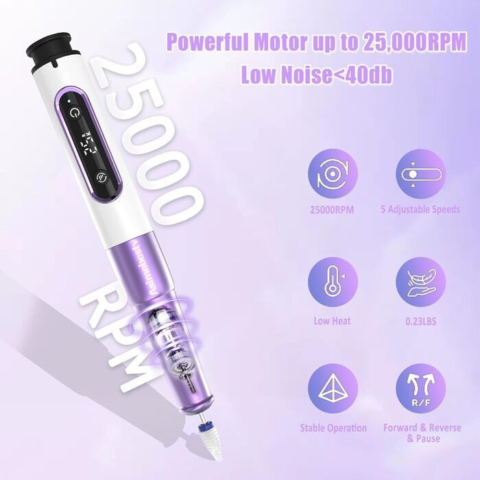 Електричний фрезер для нігтів для гелю, 12 в 1, бездротовий, 25000 об/хв, USB, 5 швидкостей, манікюр/педикюр