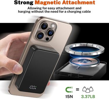 Магнітний портативний Power Bank 26800mAh з USB-C, для iPhone 16/15/4/13/12 та Android, сірий/чорний
