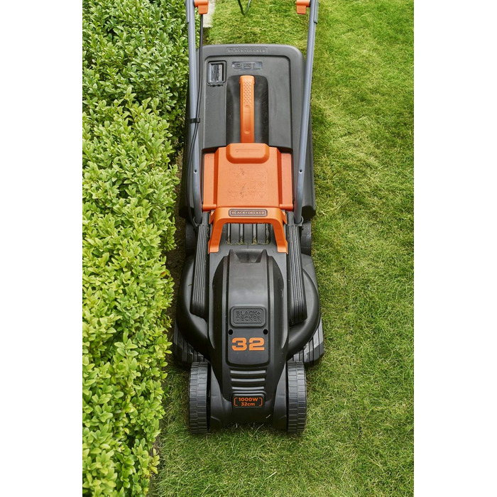 Електрична газонокосарка Black+Decker BEMW351, 1000 Вт, 32 см, 3-рівневе регулювання висоти, 35 л травозбірник, для малих садів, мультиколор