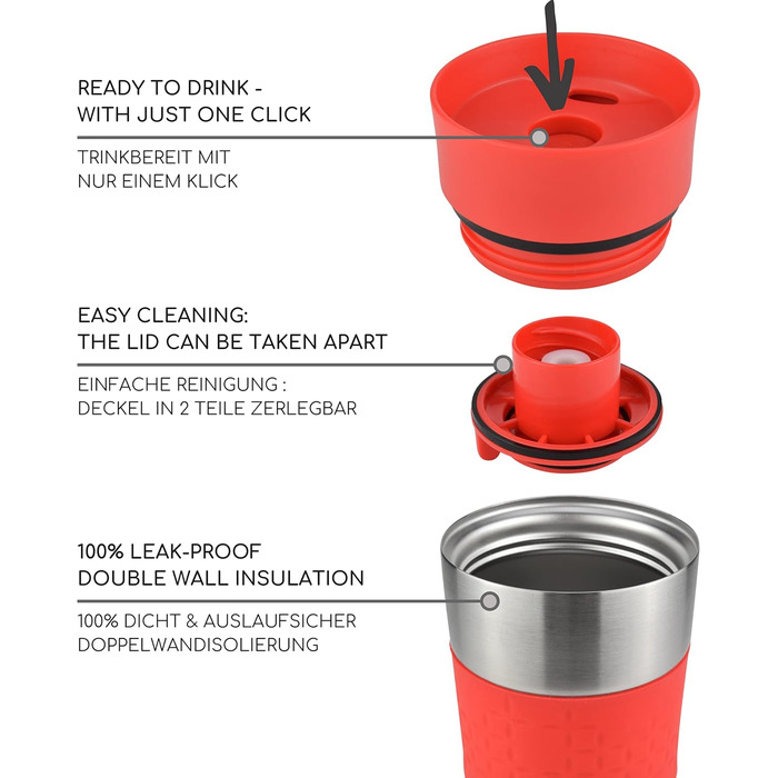 Термокружка Milu 450 мл з нержавіючої сталі, ізольована, для кави з собою, без витоку, автокружка з подвійними стінками, червона