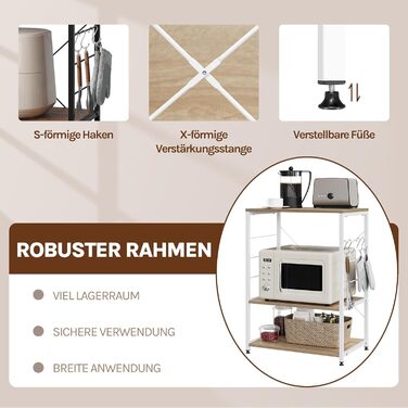 WOLTU Kitchen Shelf, Freestanding Shelf, Microwave Holder, Baker's Rack, Metal Shelf with Wood and Steel, with 3 Shelves, approx. 60 x 40 x 82 cm, White + Light Oak