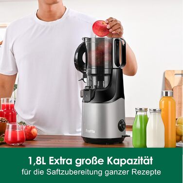Fretta Slow Juicer with 135mm Opening, Juicer for Vegetables and Fruit Test Winner, 250W Breastfeeding Juicer with Cold Press, Easy Cleaning & Powerful Motor, BPA-free (Grey, 1.8L) 1.8L Grey